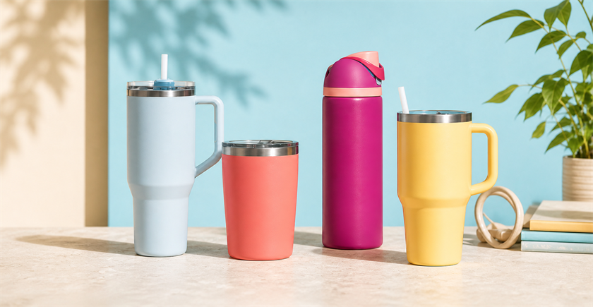 A colorful collection of insulated cups and water bottles