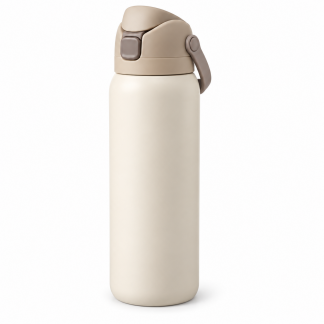 No Brand Flip-Lid Water Bottle — Warm Cream — logo-free AI product illustration