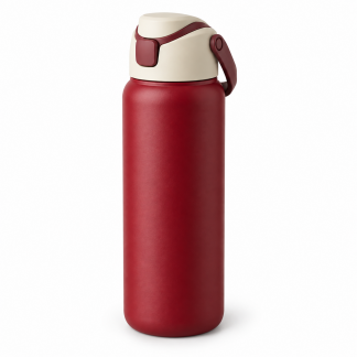No Brand Flip-Lid Water Bottle — Cherry Red — logo-free AI product illustration