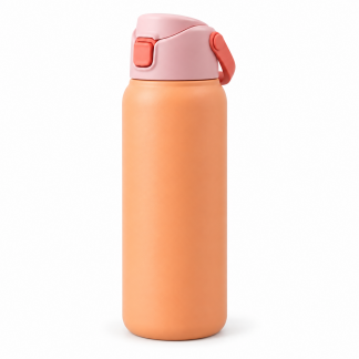 No Brand Flip-Lid Water Bottle — Peach — logo-free AI product illustration