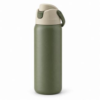 No Brand Flip-Lid Water Bottle — Olive — logo-free AI product illustration