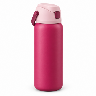 No Brand Flip-Lid Water Bottle — Raspberry — logo-free AI product illustration