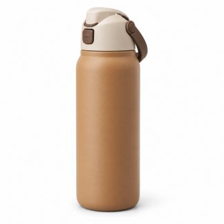 No Brand Flip-Lid Water Bottle — Caramel — logo-free AI product illustration