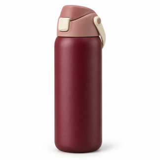 No Brand Flip-Lid Water Bottle — Burgundy — logo-free AI product illustration