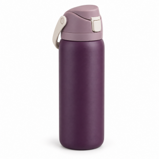 No Brand Flip-Lid Water Bottle — Plum — logo-free AI product illustration