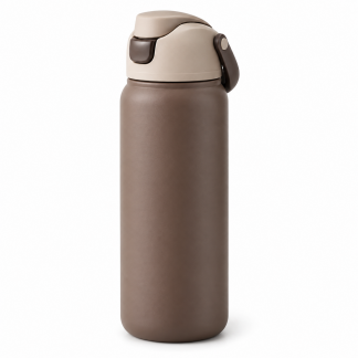 No Brand Flip-Lid Water Bottle — Mocha — logo-free AI product illustration
