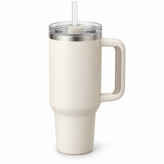 No Brand Handled Straw Tumbler — Warm Cream — logo-free AI product illustration