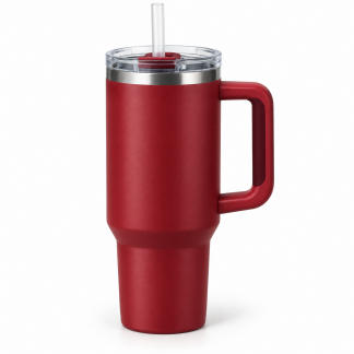 No Brand Handled Straw Tumbler — Cherry Red — logo-free AI product illustration