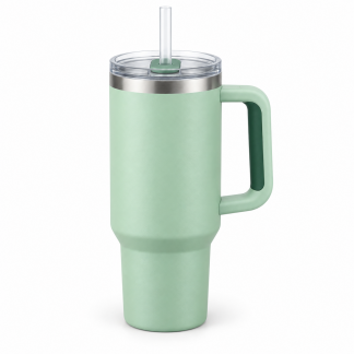 No Brand Handled Straw Tumbler — Mint — logo-free AI product illustration