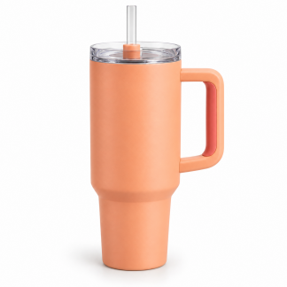 No Brand Handled Straw Tumbler — Peach — logo-free AI product illustration