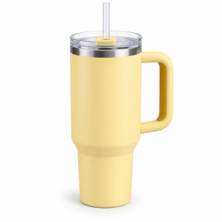 No Brand Handled Straw Tumbler — Butter Yellow — logo-free AI product illustration