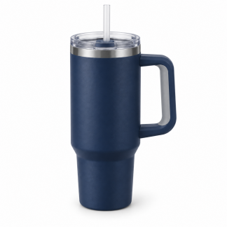No Brand Handled Straw Tumbler — Midnight Navy — logo-free AI product illustration
