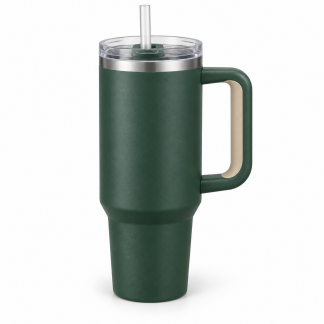 No Brand Handled Straw Tumbler — Forest Green — logo-free AI product illustration