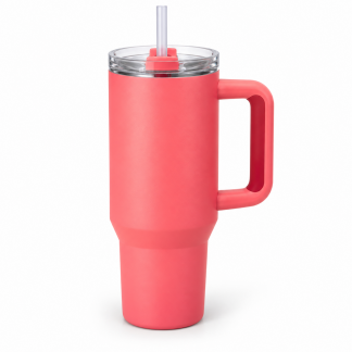 No Brand Handled Straw Tumbler — Coral — logo-free AI product illustration