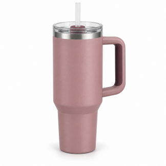 No Brand Handled Straw Tumbler — Dusty Rose — logo-free AI product illustration