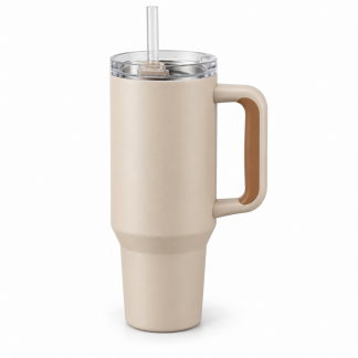 No Brand Handled Straw Tumbler — Sand — logo-free AI product illustration