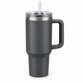 No Brand Handled Straw Tumbler — Charcoal — logo-free AI product illustration
