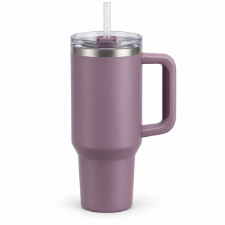 No Brand Handled Straw Tumbler — Mauve — logo-free AI product illustration