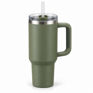 No Brand Handled Straw Tumbler — Olive — logo-free AI product illustration