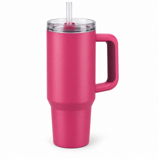 No Brand Handled Straw Tumbler — Raspberry — logo-free AI product illustration