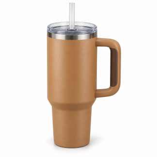 No Brand Handled Straw Tumbler — Caramel — logo-free AI product illustration