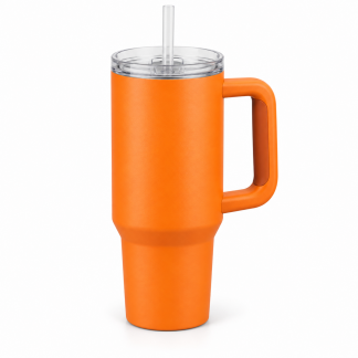No Brand Handled Straw Tumbler — Tangerine — logo-free AI product illustration