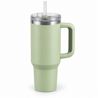 No Brand Handled Straw Tumbler — Pistachio — logo-free AI product illustration