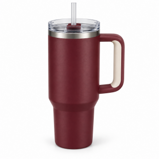 No Brand Handled Straw Tumbler — Burgundy — logo-free AI product illustration