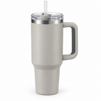 No Brand Handled Straw Tumbler — Stone Gray — logo-free AI product illustration