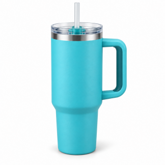 No Brand Handled Straw Tumbler — Aqua — logo-free AI product illustration
