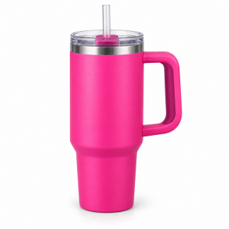 No Brand Handled Straw Tumbler — Hot Pink — logo-free AI product illustration