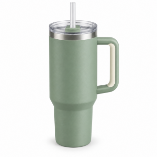 No Brand Handled Straw Tumbler — Eucalyptus — logo-free AI product illustration