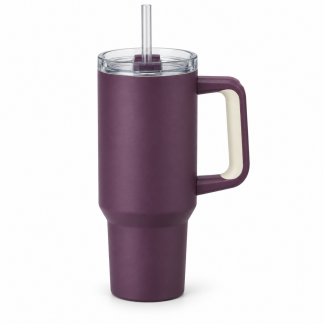 No Brand Handled Straw Tumbler — Plum — logo-free AI product illustration