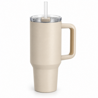 No Brand Handled Straw Tumbler — Champagne — logo-free AI product illustration