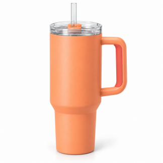 No Brand Handled Straw Tumbler — Papaya — logo-free AI product illustration