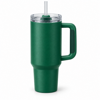 No Brand Handled Straw Tumbler — Emerald — logo-free AI product illustration