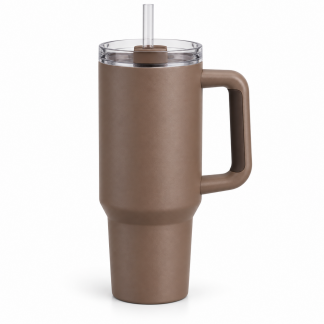 No Brand Handled Straw Tumbler — Mocha — logo-free AI product illustration