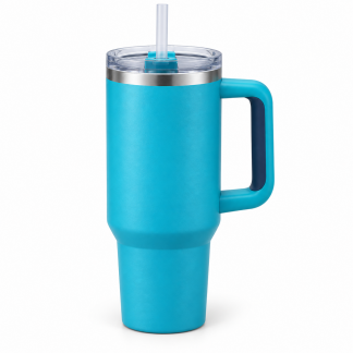 No Brand Handled Straw Tumbler — Turquoise — logo-free AI product illustration