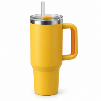 No Brand Handled Straw Tumbler — Sunflower — logo-free AI product illustration